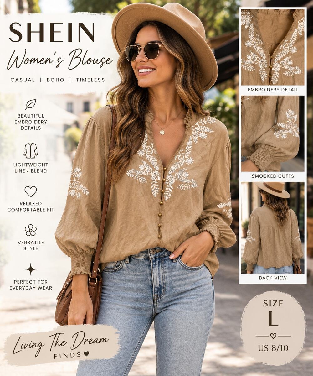 SHEIN Women’s Size L Tan Embroidered Boho Blouse V Neck Long Sleeve Linen Blend